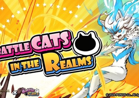 featured image for our news on Tower of Saviors x The Battle Cats. It features a colourful background with a character that has a human body but looks like a cat. the letters Battle Cats in the Realm are given in pink and orange,