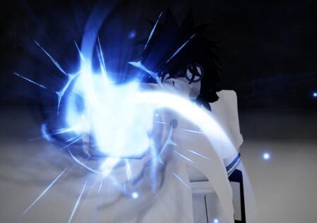 A character from Roblox game Type Soul firing a blue energy blast into the camera.