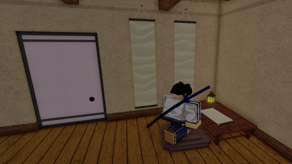 A character from Roblox game Type Soul kneeling in front of a table with a lantern.