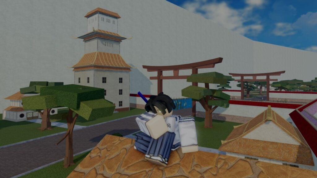 A character from Roblox game Type Soul sitting down on a rooftop.