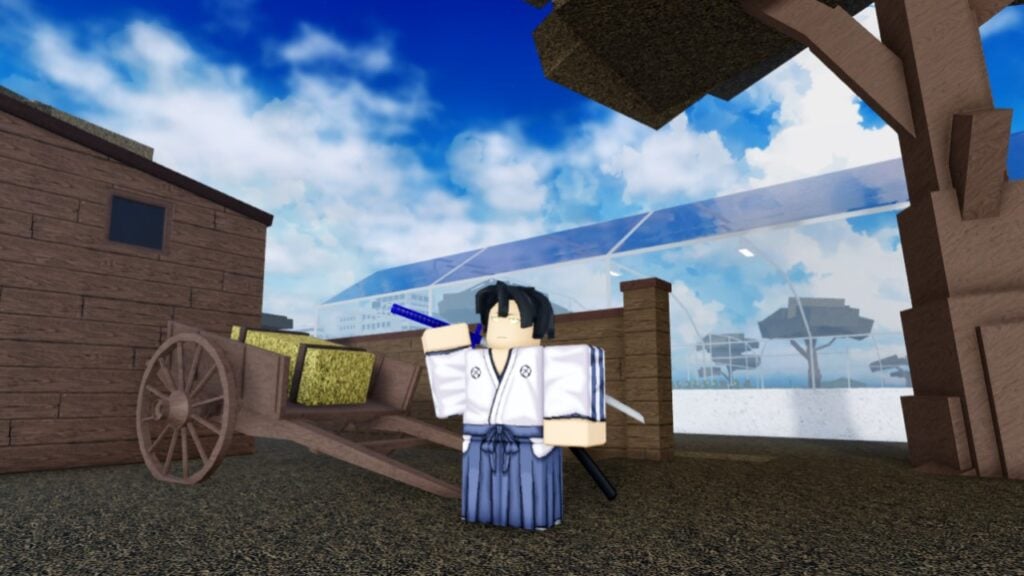 A character from Roblox game Type Soul standing next to a wheelbarrow full of hay, katana drawn.