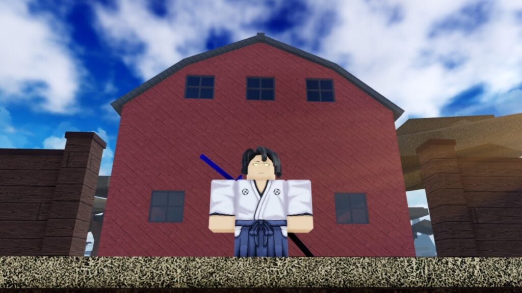 A character from Roblox game Type Soul standing in front of a red farmhouse.