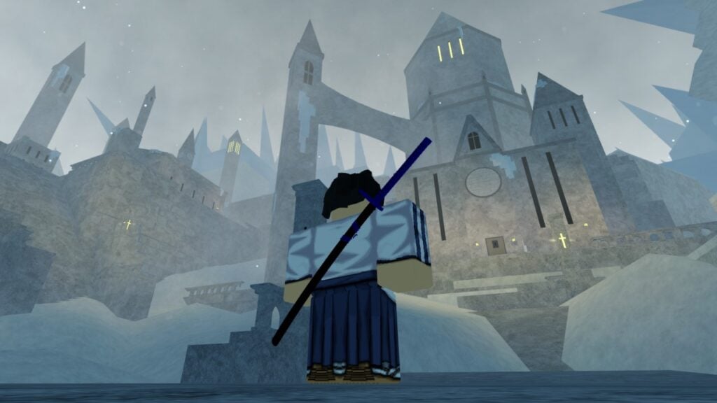 A character from Roblox game Type Soul standing outside of an imposing castle in a snowy environment.