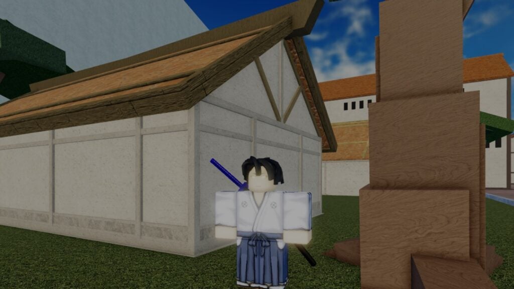 A character from Roblox game Type Soul standing between a tree and a house.