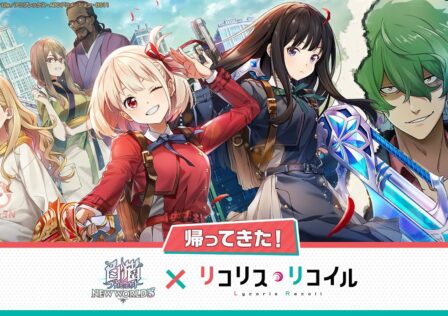 The feature image for the news on White Cat Project New Worlds has the collaboration with Lycoris Recoil's banner on it. The image has the backdrop od the ciy with characters from both the titles in the front.