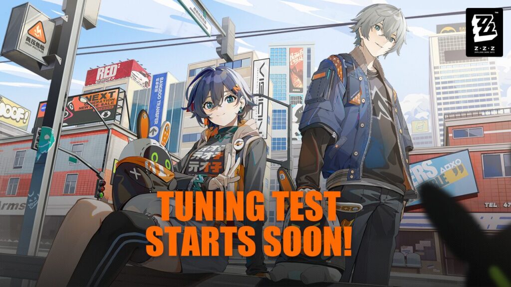 The feature image for news on Zenless Zone Zero CBT3 has 2 characters smiling against the backdrop of a busy city. with the words "tuning test starts soon" written on it.