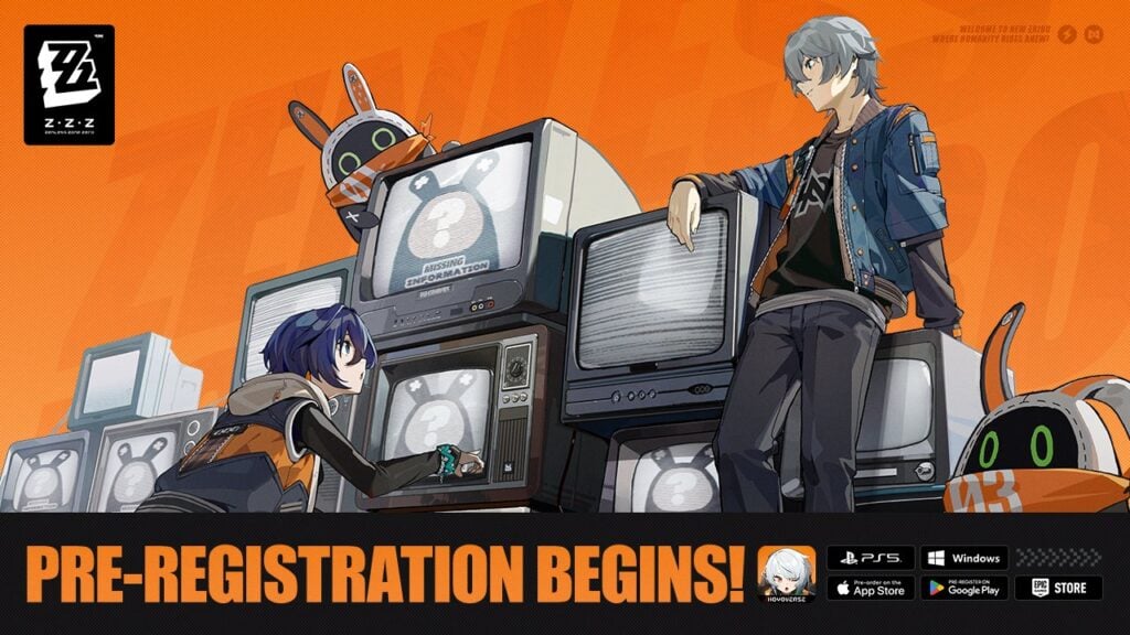featured image for our news on Zenless Zone Zero Pre-Registration. It features two characters (human) from the game with some old black-and-white TV sets. The female character is trying to work out the buttons of one of the TVs. We can see the TVs telecasting a bunny-like creature. The real version of that creature is up on one of the TVs (physically).