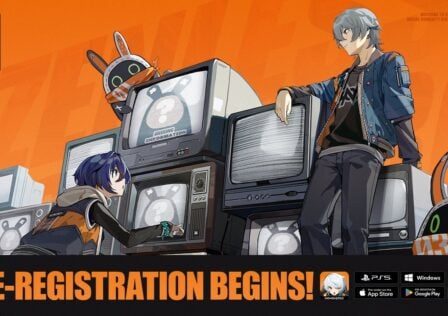 featured image for our news on Zenless Zone Zero Pre-Registration. It features two characters (human) from the game with some old black-and-white TV sets. The female character is trying to work out the buttons of one of the TVs. We can see the TVs telecasting a bunny-like creature. The real version of that creature is up on one of the TVs (physically).