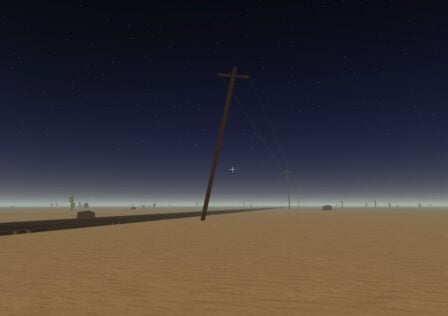 Feature image for our A Dusty Trip controls guide. It shows an in-game view of the road at night, with stars in the sky.