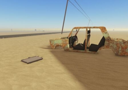 Feature image for our A Dusty Trip radiator guide. It shows a disassembled car in-game with the radiator on the ground.