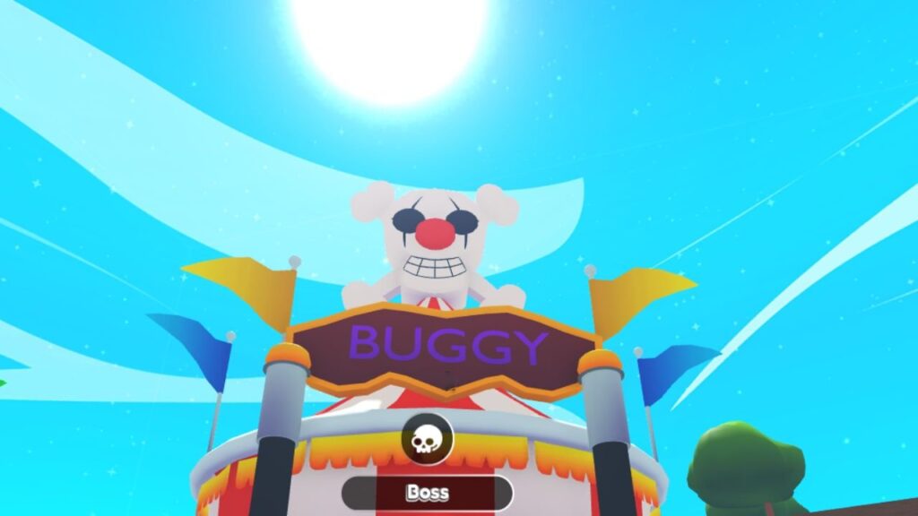 Feature image for our Anime Swords X codes. It shows Buggy's Circus tent in-game, with a blue sky and sun behind.