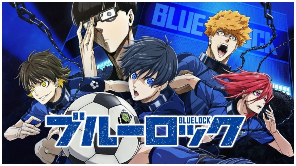 Feature image for our Blue Lock PWC Tier List showcasing a cast of the main characters in action poses against a deep blue backgroud with a BLUE LOCK banner. In front of the illustration is blue Japanese lettering which likely says the anime title in JP