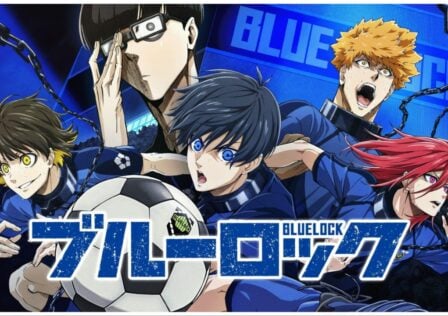 Feature image for our Blue Lock PWC Tier List showcasing a cast of the main characters in action poses against a deep blue backgroud with a BLUE LOCK banner. In front of the illustration is blue Japanese lettering which likely says the anime title in JP