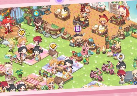 Feature image for our Cooking Wonderland codes guide. It shows a restaurant in-game, full of customers sat at tables.