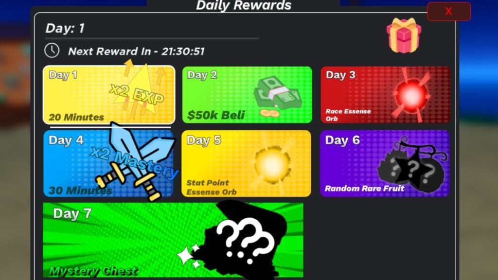 Feature image for our Demon Piece Daily Rewards guide. It shows the daily rewards window in-game.