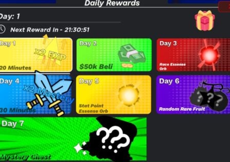 Feature image for our Demon Piece Daily Rewards guide. It shows the daily rewards window in-game.