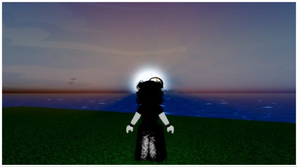 Feature image for our Demon Piece Haki Guide which shows the back of my Oni avatar who is wearing all black with pale white skin. She is staring into the distant horizon where the sun rests on the oceans edge lighting up the sky in shades of red and blues