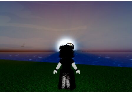 Feature image for our Demon Piece Haki Guide which shows the back of my Oni avatar who is wearing all black with pale white skin. She is staring into the distant horizon where the sun rests on the oceans edge lighting up the sky in shades of red and blues