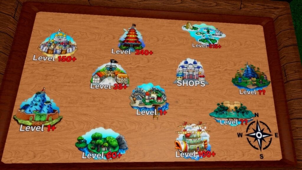 Feature image for our Demon Piece map guide. It shows the in-game map with the different islands and their levels.