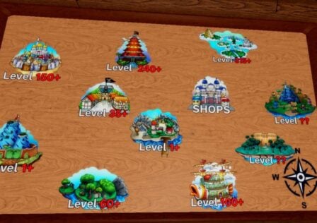 Feature image for our Demon Piece map guide. It shows the in-game map with the different islands and their levels.