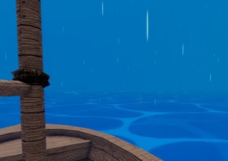 Feature image for our Demon Piece raids guide. It shows a view from a sailboat on the forbidden sea in-game.
