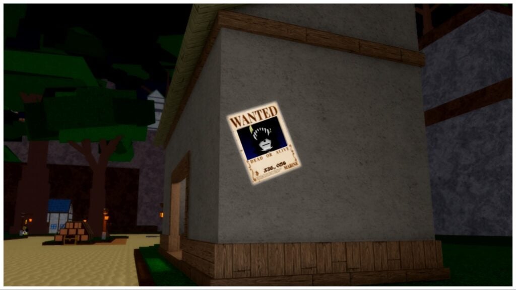 Feature image for our Demon Piece Wanted Posters Guide which shows a wanted poster against a grey wall of a house with my avatars face on it. The image is taken at night so the scenery surrounded is dulled out with minimal lighting