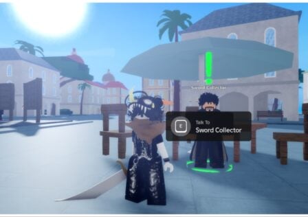 Feature image for our Demon Piece Weapons guide shows my avatar who wears all black with a brown scarf stood beside a weapons merchant in logue town - a small town with multiple white buildings with colourful rooftops. My avatar is holding a cutlass blade