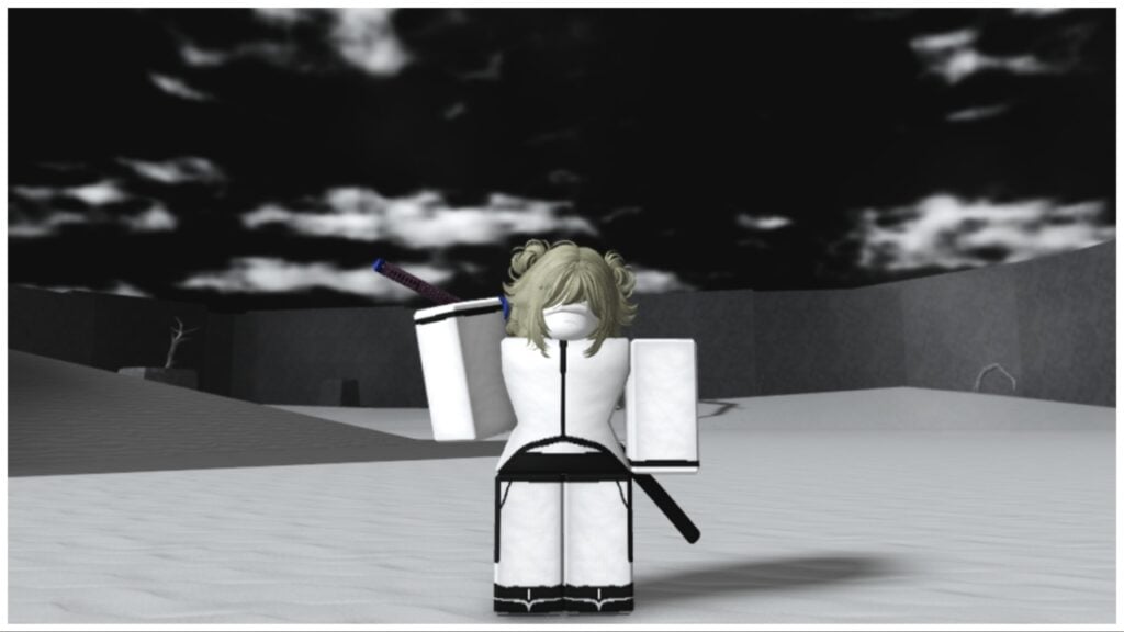Feature image for our How to become Elite Grade in Type Soul Guide which shows a player dressed in white in the eerie Hueco Mundo, an area with a black sky and monochromatic scenery. The character is an Arrancar with a sword in hand resting over one of their shoulders