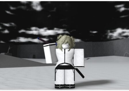 Feature image for our How to become Elite Grade in Type Soul Guide which shows a player dressed in white in the eerie Hueco Mundo, an area with a black sky and monochromatic scenery. The character is an Arrancar with a sword in hand resting over one of their shoulders