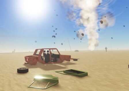 Feature image for our guide on how to drive in A Dusty Trip. It shows a disassembled car next to a twister in the desert.