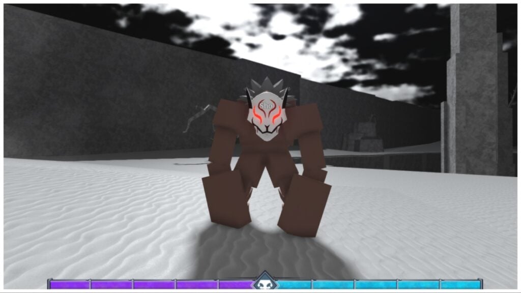 The image shows my Adjuchas avatar inside Hueco Mundo which is enitrely greyscale with a pitch black sky. The Adjuchas has glowing red eyes and is hunched on all fours