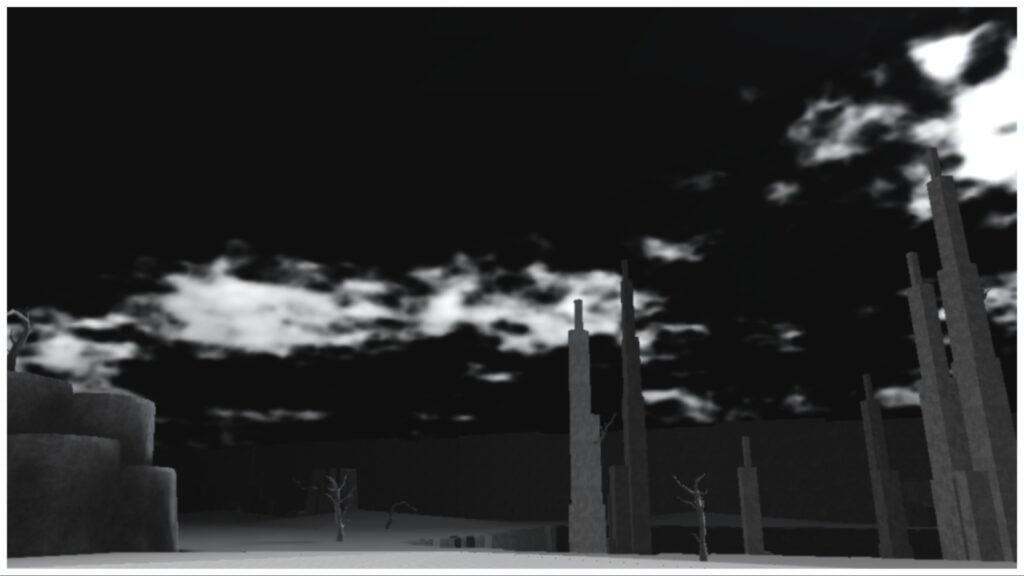 The image shows a scenery shot of hueco mundo which is pitch black with white clouds and grey pillars. The monochrome scenery is eerie and unsettling