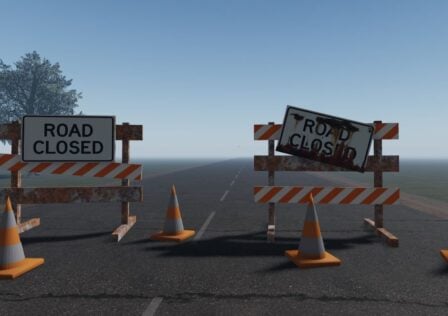 Feature image for our guide on how to play The Long Drive on Roblox. It shows a closed road barrier in-game.