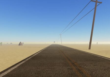 Feature image for our guide on how to turn on lights in A Dusty Trip. It shows a desert road stretching ahead in-game.