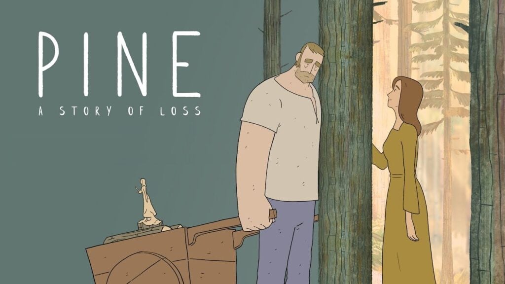 featured image for our news on interactive story and video game Pine. It features the woodworker looking sad and pulling a wooden cart. His wife's ghost can be seen next to him.