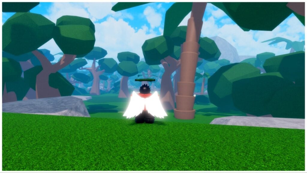 Feature image for our Legacy Piece Fruit Guide. The image shows the back of my avatar who is a Skypiean with large white wings. Surrounding the character is a forest of trees and greenery with a bright blue sky overhead