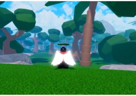 Feature image for our Legacy Piece Fruit Guide. The image shows the back of my avatar who is a Skypiean with large white wings. Surrounding the character is a forest of trees and greenery with a bright blue sky overhead
