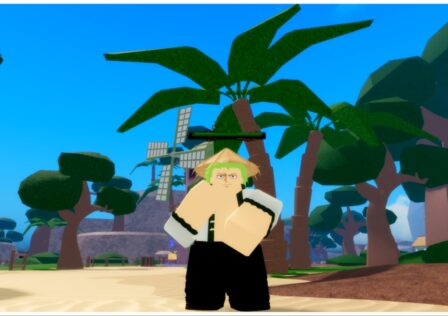 Feature image for our Legacy Piece Mastery Levelling Guide which shows an avatar dressed as Zoro with a tan hat holding his fists out just in front of his face as if ready for combat. Behind the avatar is scattered palm trees across grassy and sandy patches with windmills in the far distance