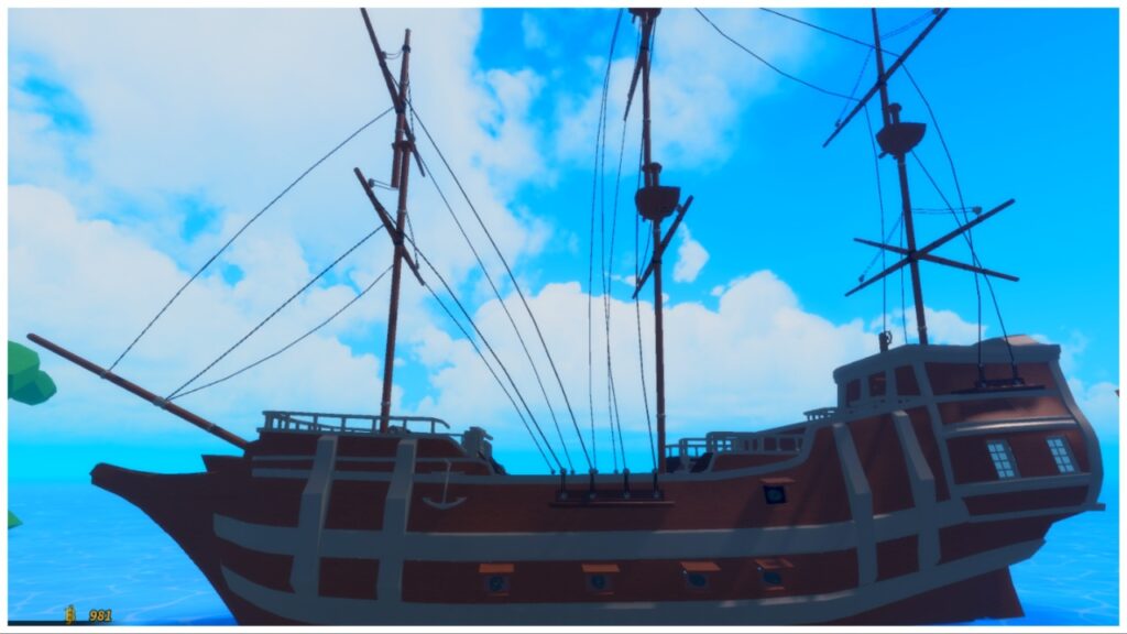Feature image for our Legacy Piece Smoke Admiral Boss Guide showcasing a large dark wooden ship docked on an island. The crisp blue sky is littered with clouds high above.
