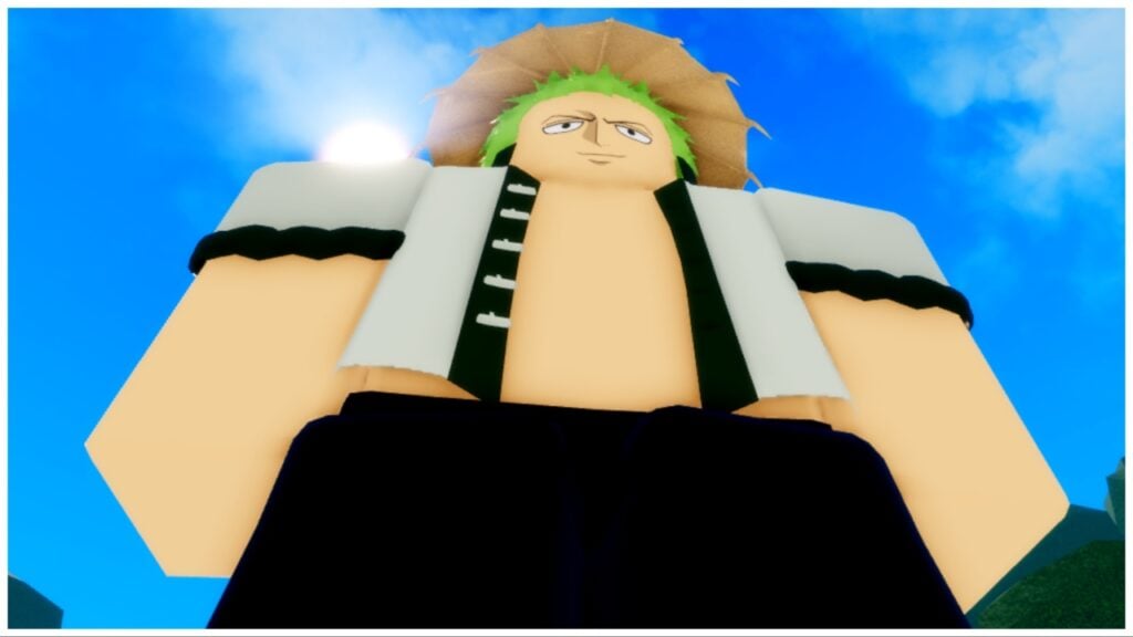 Feature image for our Legacy Piece Weapons Guide featuring a character resembling Zoro with a tan sunhat in a bottom-up view. The bright blue sky is high above him