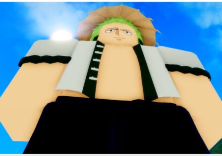 Feature image for our Legacy Piece Weapons Guide featuring a character resembling Zoro with a tan sunhat in a bottom-up view. The bright blue sky is high above him