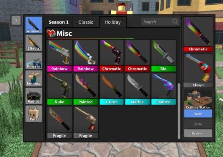 Feature image for our Murder Mystery V codes guide. It shows the in-game inventory with the new promo code weapons.