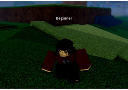 Feature image for our Project Mugetsu Vizard Guide shows an avatar who wears a red dressshirt with a black tie in a crouched position. He has slicked back black hair and a scarred face as he is looking off to the distance in a grass patch