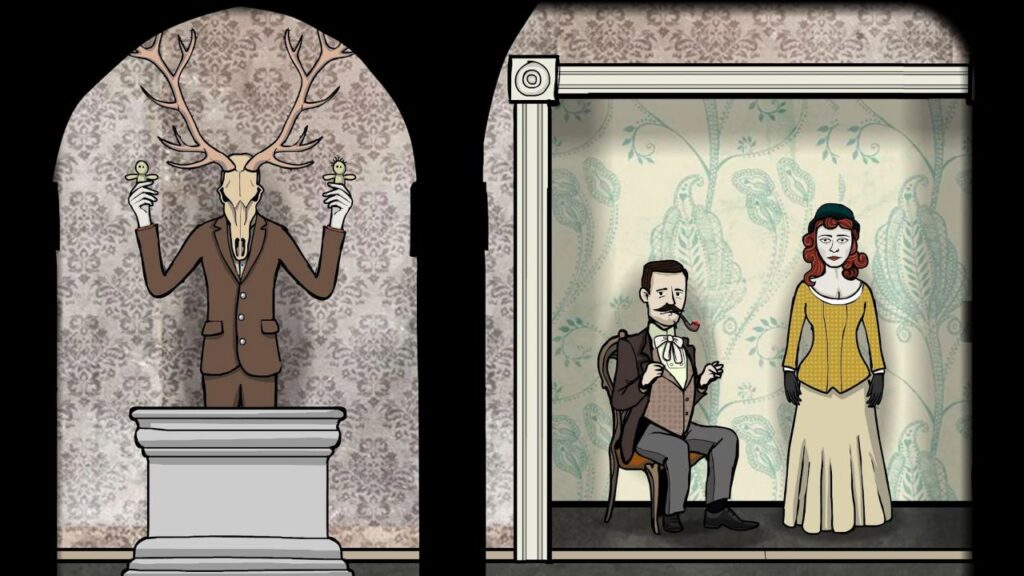 Feature image for our best Android sales and deals feature. It shows an image from Rusty Lake: Roots with a couple in Edwardian clothing posing, and a figure wearing a deer skull holding dolls.