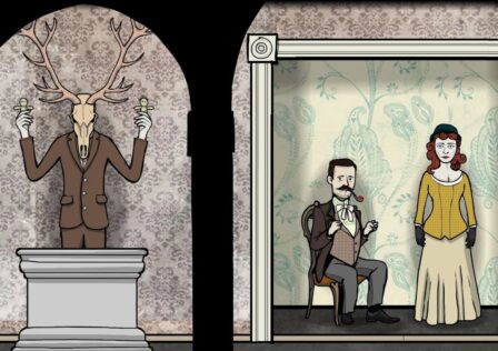 Feature image for our best Android sales and deals feature. It shows an image from Rusty Lake: Roots with a couple in Edwardian clothing posing, and a figure wearing a deer skull holding dolls.