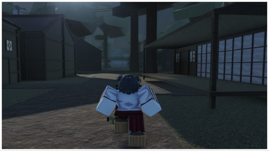 The image shows the back of my soul reaper as she is running into a descolate village of many wooden structures. She is wearing a white top with red pants and has short dark grey hair