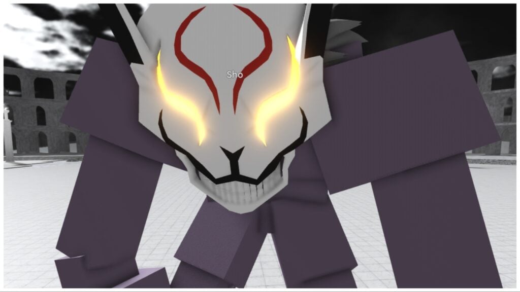 The image shows an up close of my avatar who is an adjuchas with purple flesh and a kitsune style mask with glowing eyes and a unnerving straight-tooth smile