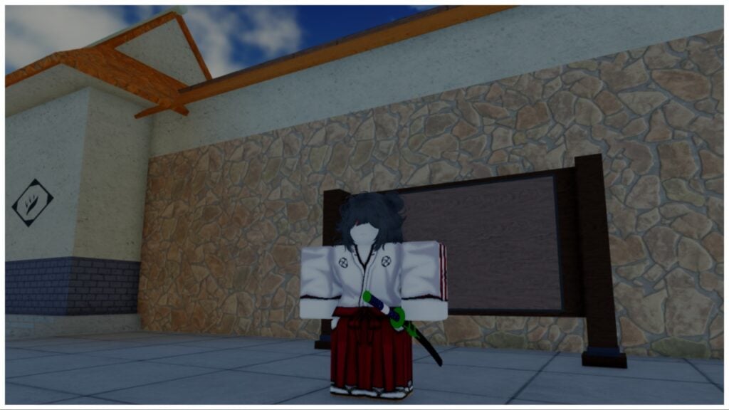 The image shows my avatar who has grey hair and a white robe with red pants. She is stood before a missions board which is in front of a massive brick wall.