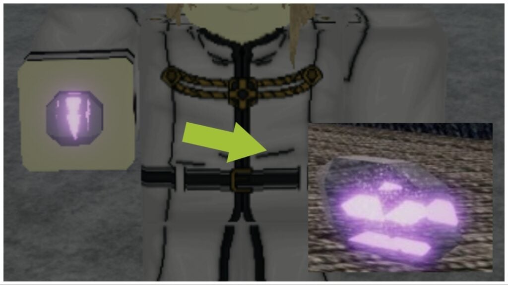 The image shows a player hand outstretched with a fragment in their palm. The fragment has a soft purple glow. A green arrow is pointing to a larger PNG of the Hogyoku Fragment in the bottom right