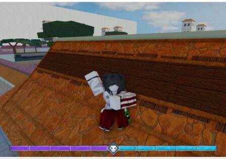 Feature image for our Type Soul Skill Trees guide. The image shows my avatar stood on top of an orange roof with trees and tall white walls in the background. My avatar is doing a dance with one arm in the air and one over her stomach as she hops from foot to foot